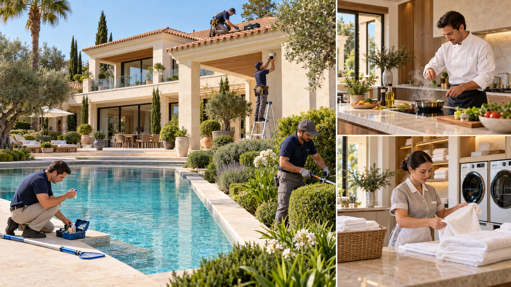 Equipa profissional numa villa de luxo: manutenção da cobertura e das câmaras de segurança, piscina, jardim, chef privado e cuidado da roupa