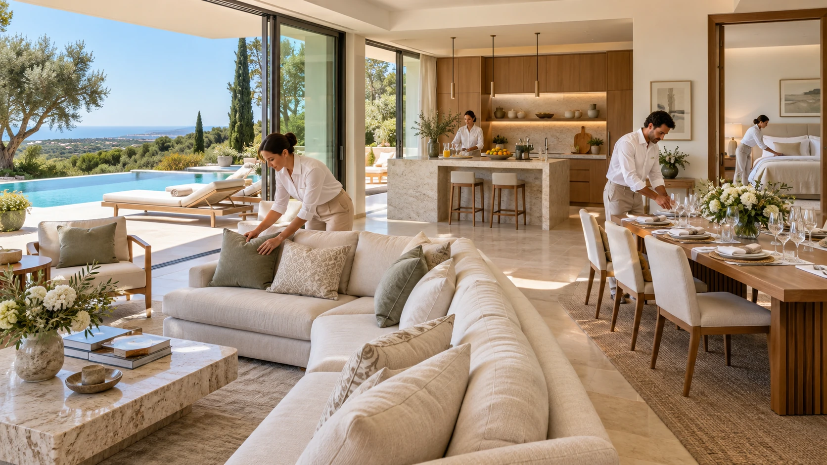 Equipa profissional a preparar uma villa de luxo para a chegada dos proprietários, cuidando das almofadas, da mesa, das bebidas de boas-vindas e da roupa de cama